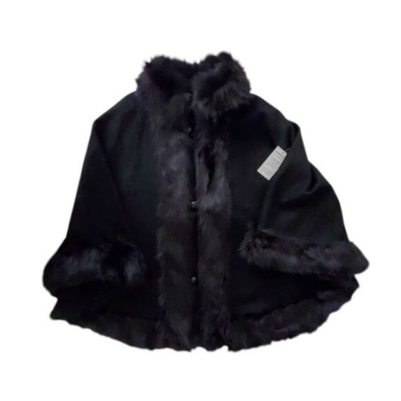 NWT Jessica London BLK Faux Fur Trim Wool Blend Cape Coat Plus Sz 26/28 Classic - Picture 2 of 11